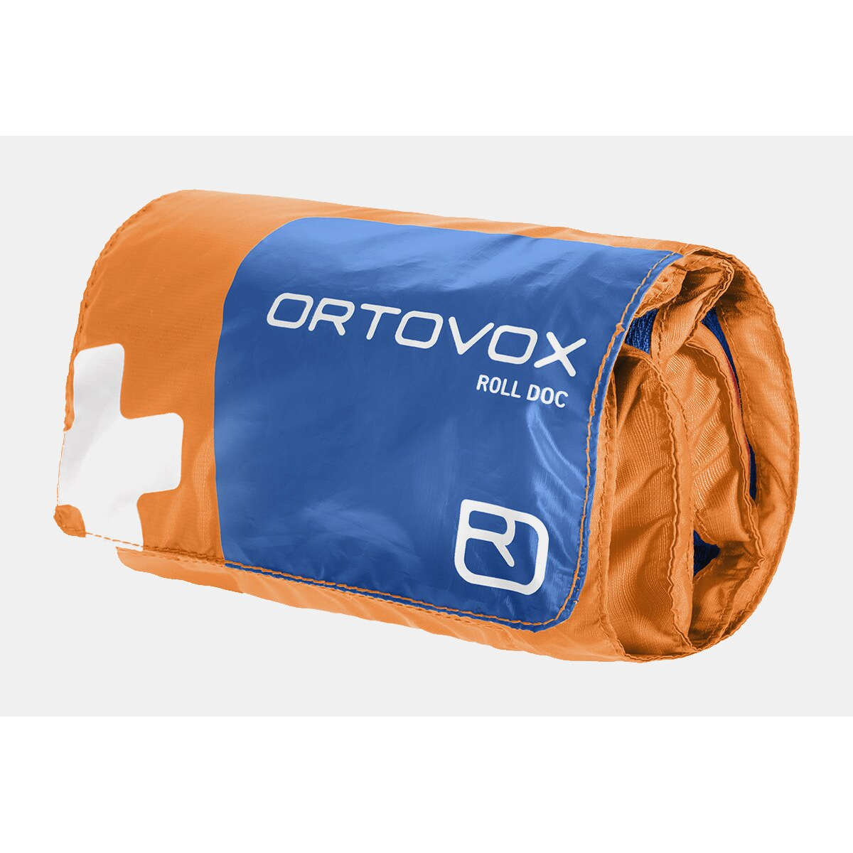 Ortovox Roll Doc First Aid Kit in compact, rolled form with durable, water-resistant orange and blue exterior for alpine emergency use.