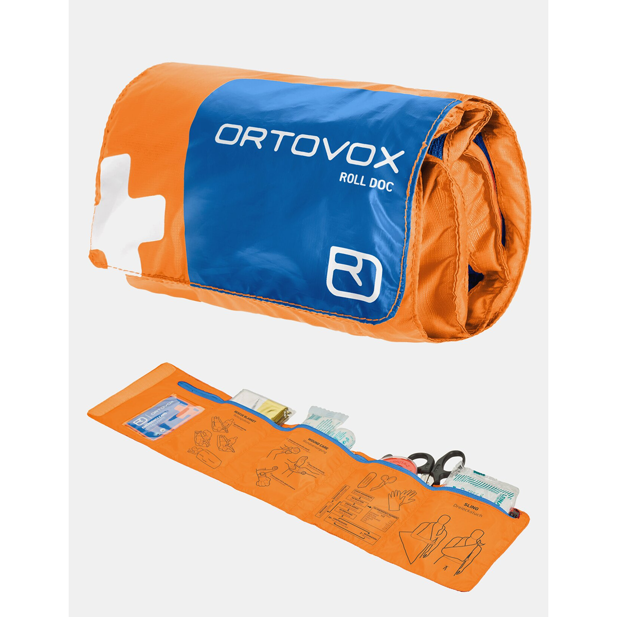 Ortovox Roll Doc First Aid Kit shown rolled and unrolled, highlighting its compact design and quick-access layout for outdoor emergencies.