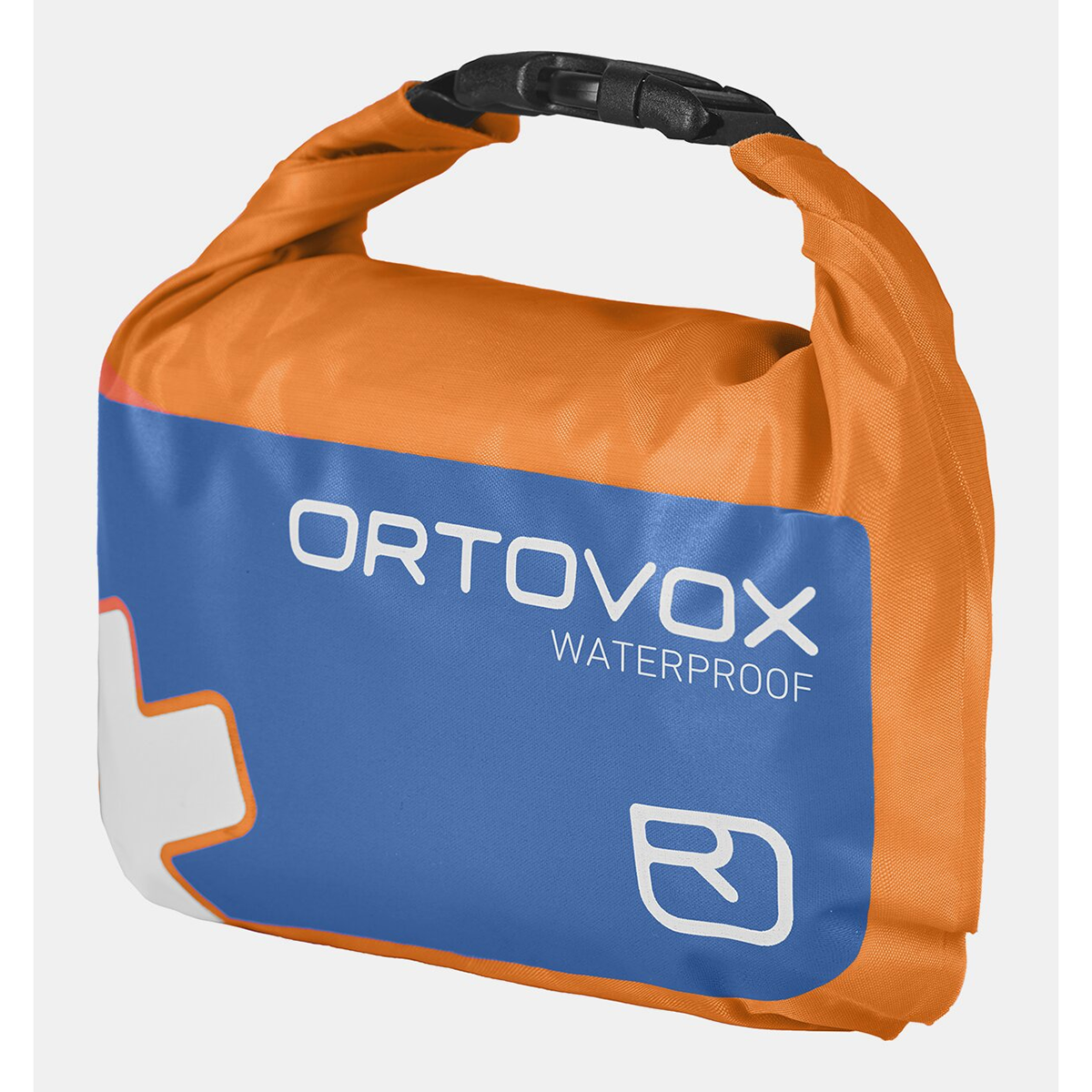 Ortovox First Aid Kit Waterproof Mini in orange and blue with roll-top closure, ideal for avalanche safety and alpine emergencies.